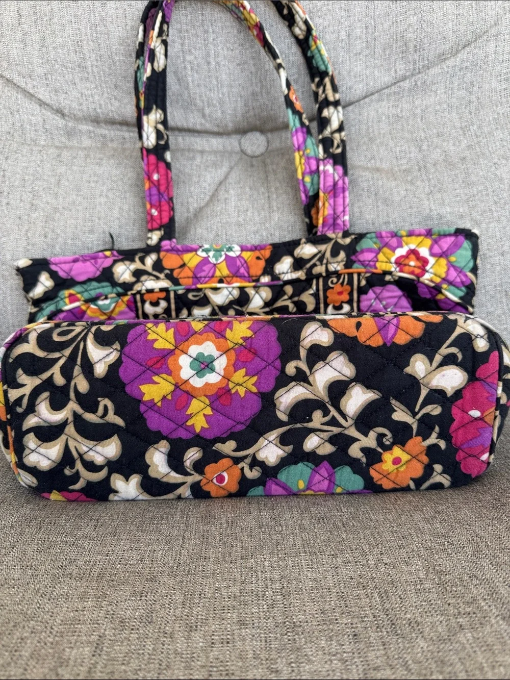 Vera Bradley Black Quilted Floral Tote with Purple, Pink & Orange Accents